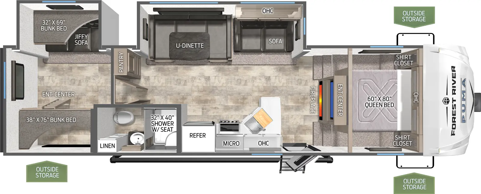 The Puma 295BHSS floorplan has one entry and two slide outs. Exterior features include: metal exterior and 18' awning. Interiors features include: bunk beds, u-dinette and front bedroom.